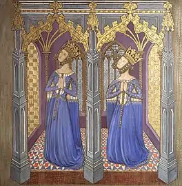 Reconstruction of a Medieval mural painting, possibly Queen Philippa and her daughter, by Ernest William Tristram (1927)