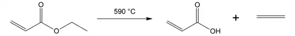 An example of ester pyrolosis. Ethyl acrylate decomposes into acrylic acid and ethene (ethylene) gas at 590°C.