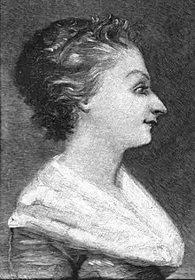 A middle aged woman, painted in profile. Her hair has some grey around the face and is swept back; she is wearing a white fichu over her dress.