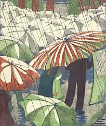 Ethel Spowers, Wet afternoon, 1930, linocut. Gift of Rex Nan Kivell, 1953. Museum of New Zealand Te Papa Tongarewa (1953-0003-328)