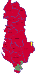 Ethnic composition per the 1989 census:Red - Albanian majorityGreen - Greek majorityYellow - Macedonian majority