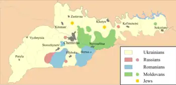 Ethnic divisions in Chernivtsi Oblast (Ukraine) with self-declared Moldovans in green and self-declared Romanians in blue (1980)