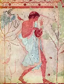 Fresco of an Etruscan musician with a barbiton, Tomb of the Triclinium, Tarquinia