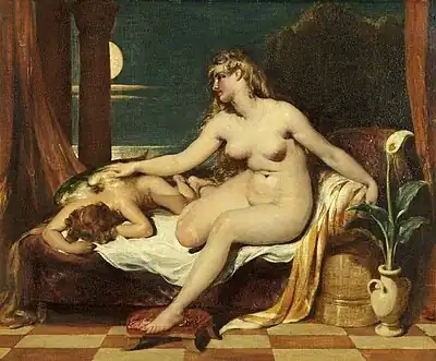 Naked woman sitting beside a sleeping man