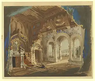 Squarish painting of an elaborate interior; the vestibule of the ducal palace, opening out onto a terraced garden.