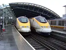 Image 76A pair of Eurostar trains at the former Waterloo International since moved to St Pancras International (from 1990s)