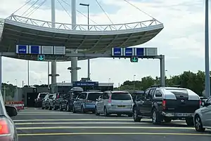 UK Border Force checkpoint at the Eurotunnel Calais Terminal, where entry checks are carried out before boarding the train to the UK.