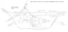 diagram of station layout below ground showing the six crossing tunnels of the three lines passing through Euston station