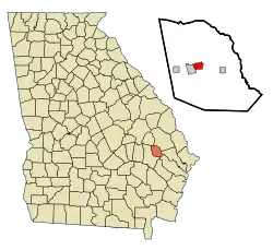 Map showing the location of Evans County and the location of the cities within the county