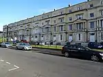 Evelyn Terrace, Lansdown Terrace, Evelyn Court, Regan House, attached railings and mews archway