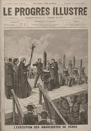 Execution in Jerez of seven anarchists accused of belonging to La Mano Negra, 1884 (illustration from a French magazine of 1892).