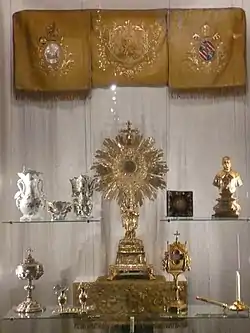 Exhibition of catholic liturgical objects (monstrance, ciborium, paten, ampullas) in the church of Saint-Paul (Lyon, France)