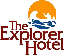 The words "The Explorer Hotel" underneath a stylized rendition of a canoeist on the water in a circle