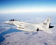 A jet flies over New York City