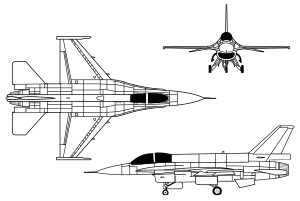 Orthographically projected diagram of the F-16.