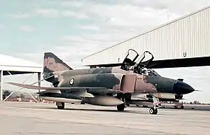 Colour photo of a military jet fighter painted in a camouflage pattern parked in front of a large white building