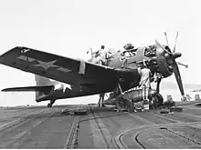 Grumman F6F Hellcat maintenance on USS Essex (CV-9) in July 1944