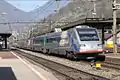 Second Cisalpino livery (CIS version). Here, the ETR 470 001 passes through Biasca Railway Station while traveling as EuroCity 17 from Zurich to Milan in 2012