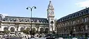 Outside the station, with its large clock tower