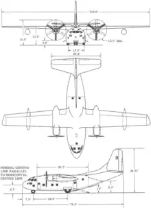 3-view line drawing of the Fairchild C-123B Provider