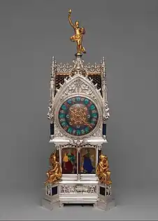 Table clock with calendar, by the Firm of Lucien Falize, Germain Bapst, Léon Chédeville and the firm of Le Roy et fils, 1881, silver, partly enameled gold, hardstones, rock crystal, amethysts, and diamonds, Metropolitan Museum of Art