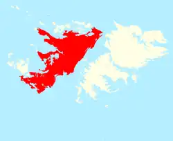 Location of West Falkland (red)in the Falkland Islands (red & white)