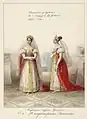 Court ladies' outfits, 1834 album. The ladies-in-waiting of the Empress in a red "sarafan" with a white skirt, gold embroidery and a carved gold kokoshnik.