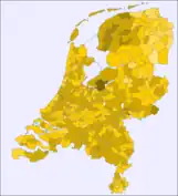 Map of the Netherlands with the municipalities in different shades of yellow