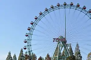 A large ferris wheel against a blue sky, with treetops along the bottom of frame.