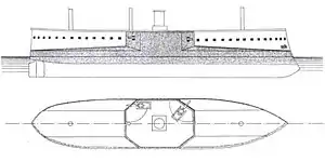 A simple drawing of a warship showing the central arrangement of the guns and armor scheme.