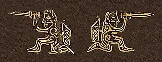 Warriors with daggers and bows. Dagger blade decoration from Kurgan 4, Burial 2, Filippovka, Late Sauromatian-Early Sarmatian, 5th-4th century BCE.