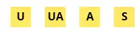 Four yellow boxes with black letters: U, UA, A and S