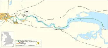 Map of the Thames from London Bridge to Sheerness, showing the positions of  Blackwall, North Woolwich and Rosherville Gardens in between.