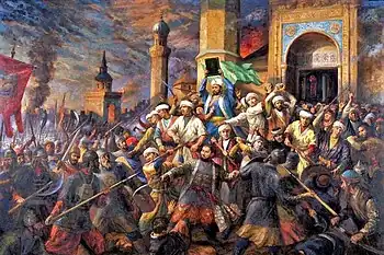 Qolsharif and his students defend their madrassa and the Cathedral Mosque.