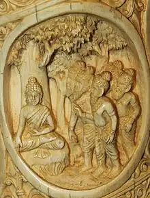 Five saintly persons visit Siddhartha while he meditates