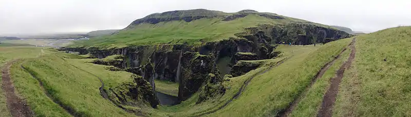 Panorama showing Fjadrárgljúfur, viewed from the tourist footpath.