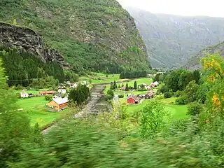 View of the church near the river in the Flåmsdalen valley