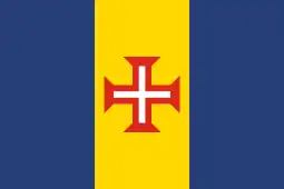 Blue-gold-blue vertical triband with a red-bordered white Cross of Christ.