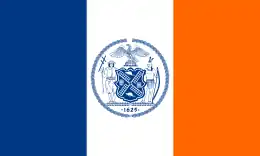 The flag of New York City, a charged vertical triband.