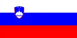 The flag of Slovenia, a charged horizontal triband.