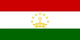 The flag of Tajikistan, a charged horizontal triband.