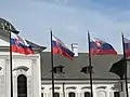 A line of Slovak flags on poles