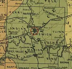 An 1890 map of Lawrence County, Indiana, depicting Flinn Township (far right, center)