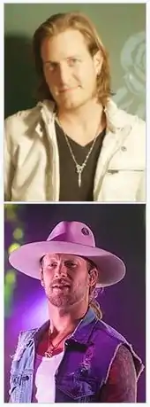 A young man with shoulder-length brown hair and a young man with a blond ponytail wearing a white cowboy hat