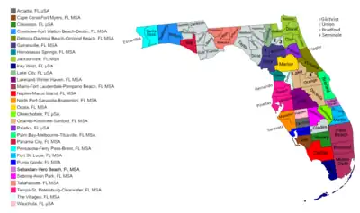 Map of the 29 core-based statistical areas in Florida.