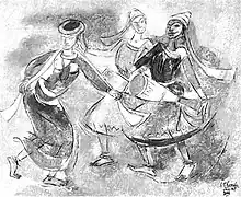 Painting depicting folk dancers by Shiavax Chavda