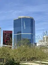 Ground-level view of an under construction 68-story building.