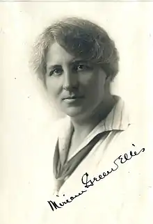 A formal portrait of Miriam Green Ellis, with her signature.