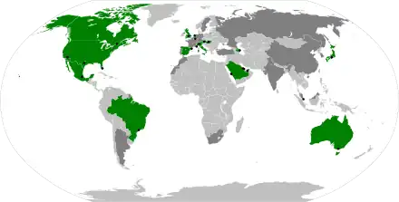 A map of the world showing the locations of the countries to host a Grand Prix