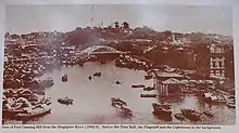 In the background shows the original lighthouse (left), together with the Flagstaff and the Time Ball on Fort Canning Hill, circa 1902